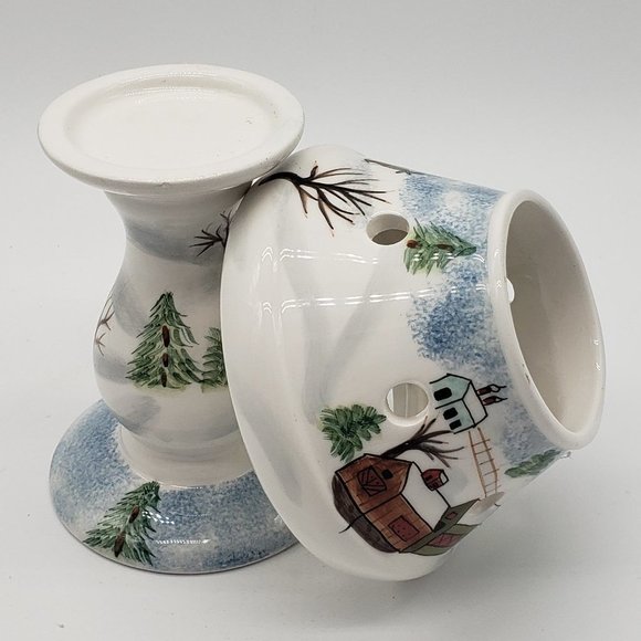 Elements Small Ceramic Spongeware Winter Skiing Trees Scene Tealight Candle Lamp - Picture 7 of 12